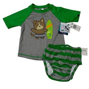 NEW Kiko Max Green Swimsuit Diaper Rash Guard Swim 2 Pc Set Surfer Shirt Dog 12M